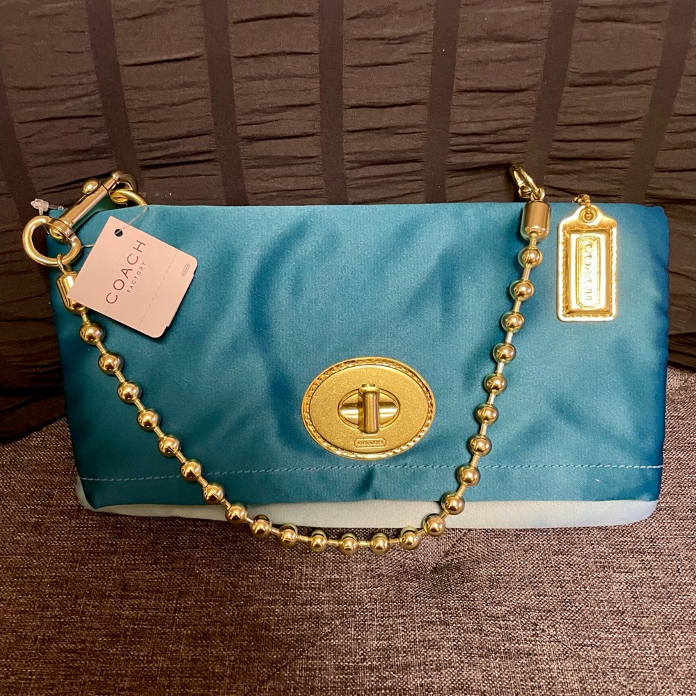 Vintage Coach Teal Satin with Gold Accents Women's Foldover Bag